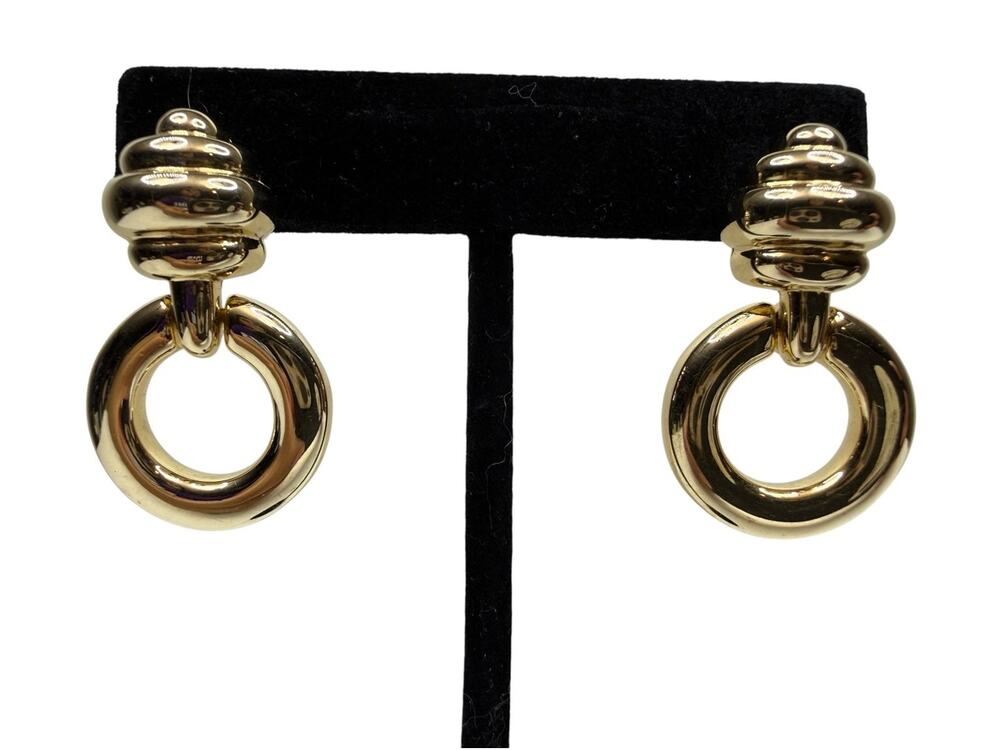 Vintage Krementz 80s 90s Gold Tone Dangle Drop Earrings Ribbed Retro Design 1.5"